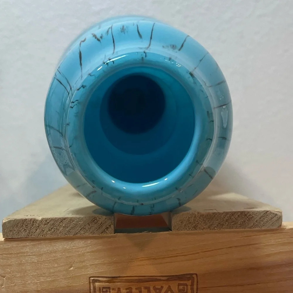 Vintage Pier 1 Turquoise Blue w Black Etch Art Glass Triple Gourd Vase | EUC